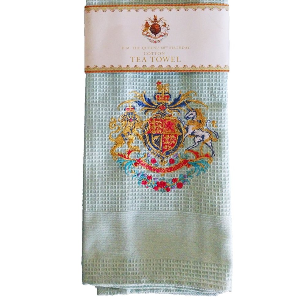 H.M.The Queens 80th Birthday Tea Towel New Light Blue Sea Green Kitchen
